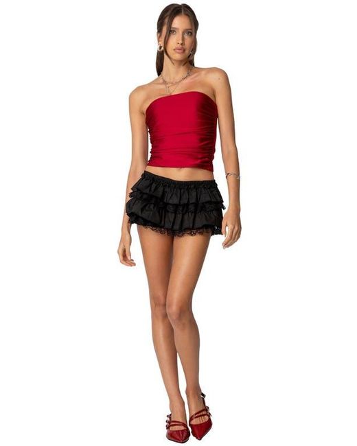 Edikted Red Maxeen Shiny Ruched Tube Top