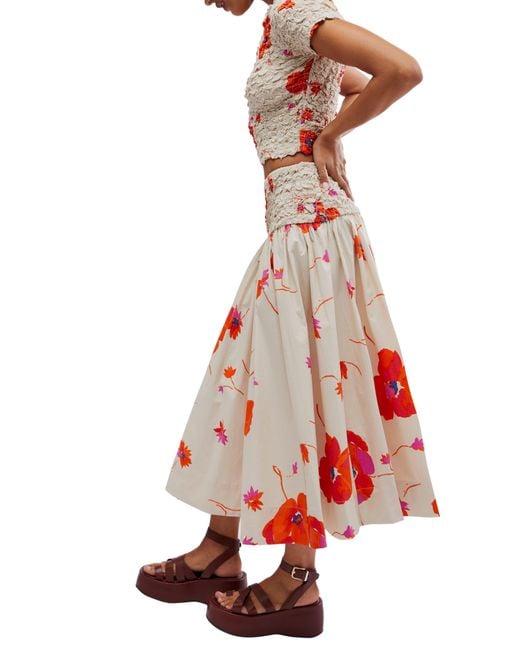 Free People Red Carino Floral Two-piece Stretch Cotton Crop Top & Midi Skirt