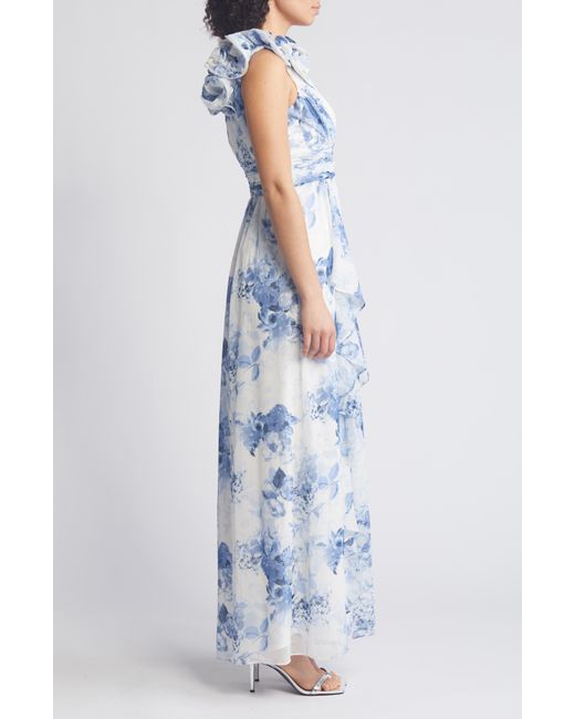 Eliza J Blue Floral Ruffle Strap Gown