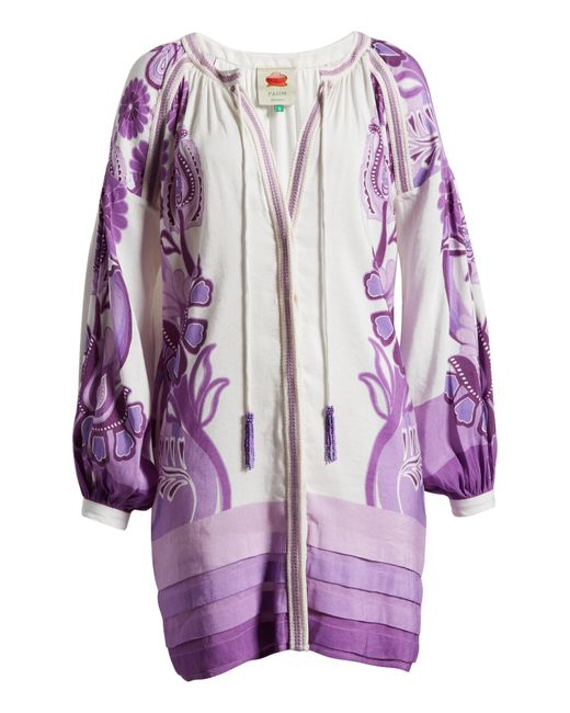 Farm Rio Purple Color Festival Long Sleeve Linen Blend Cover-up Dress