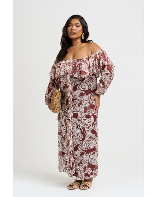 FASHION-SZN CURVE Brown Curve Ruffle Bardot Midaxi Dress