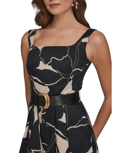 Donna Karan Belted Fit & Flare Midi Dress in Black | Lyst