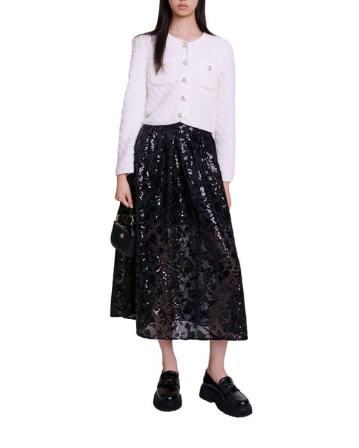 Maje Black Jupon Sequin Mesh Midi Skirt