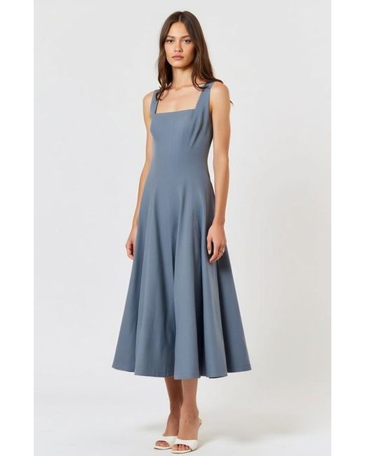 Modenaire Blue Wide Strap Square Neck Midi Dress With Fit And Flare Silhouette
