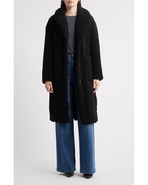 BCBGMAXAZRIA Black Notch Collar Faux Shearling Long Coat