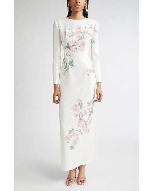 Oscar de la Renta White Cherry Blossom Long Sleeve Sequin Jersey Column Gown