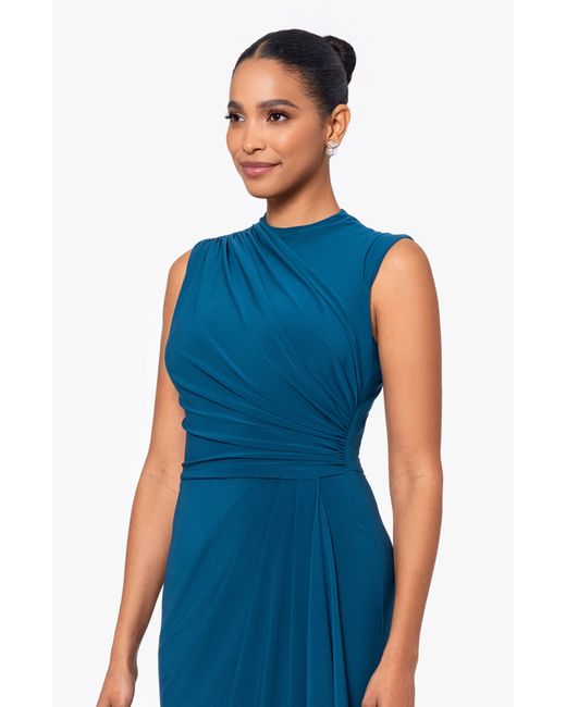 Betsy & Adam Blue Ruched Sleeveless Gown