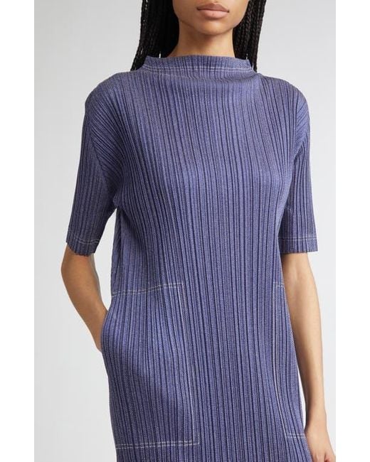 Pleats Please Issey Miyake Blue Trompe L'Oeil Pleated Midi Dress