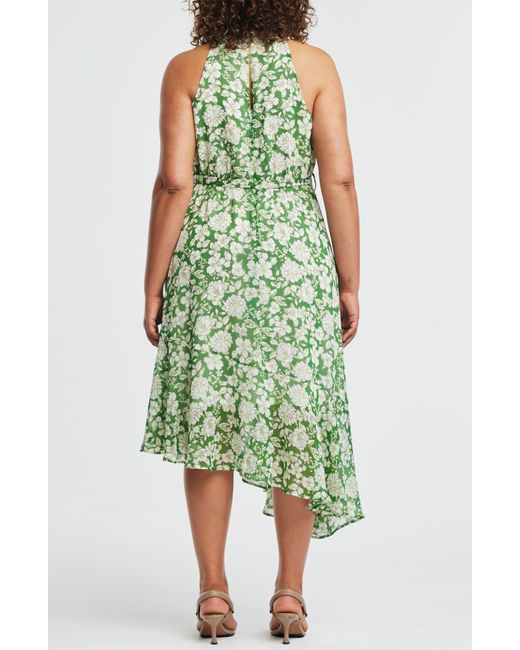 Estelle Green Field Floral Sleeveless Asymmetric Midi Dress