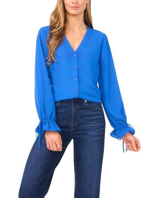 Cece Blue Tie Cuff Button-Up Top