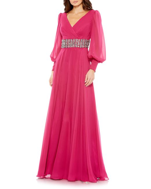 Mac Duggal Pink Belted Long Sleeve A-line Gown
