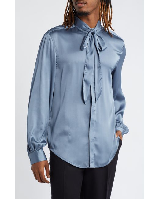 ASOS Blue Tie Neck Satin Button-up Shirt for men