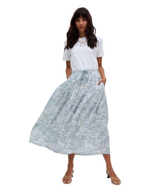 Raffya Blue Bonnie Shirred Waist Warhol Print Midi Skirt