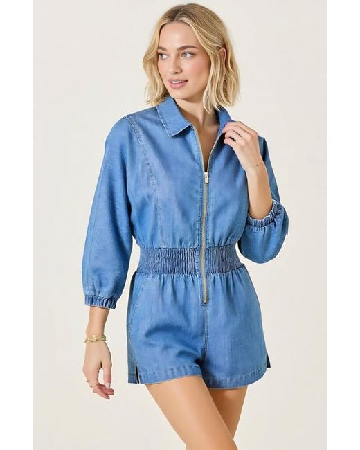 Modenaire Blue Zip Front Romper With Smocked Waist And 3/4 Sleeves
