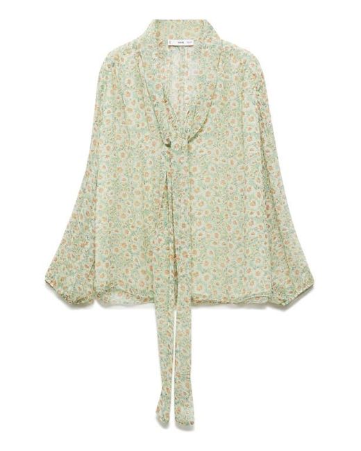 Mango Gray Belle Floral Chiffon Tie Neck Top
