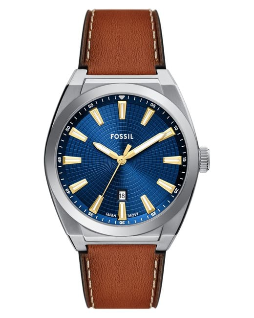Fossil Blue Everett Leather Strap Watch, 42Mm for men