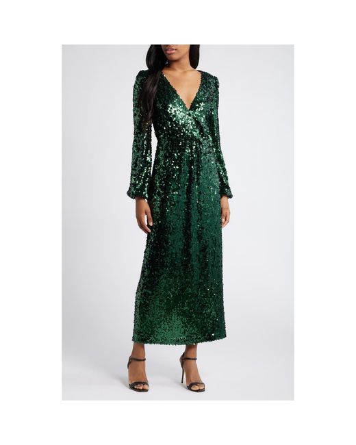 Wayf Green The Carrie Sequin Long Sleeve Gown