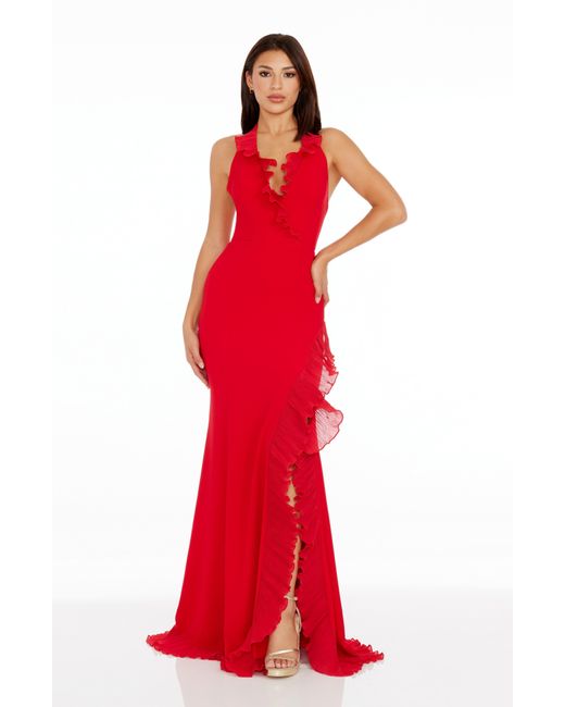 Dress the Population Red Kathleen Ruffle Halter Gown With Train