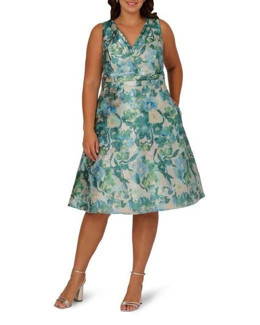 Adrianna Papell Floral Jacquard Midi Cocktail Dress in Green | Lyst