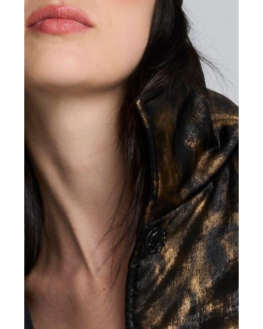Kenneth Cole Black Animal Print Foiled Satin Seamed Puffer Jacket