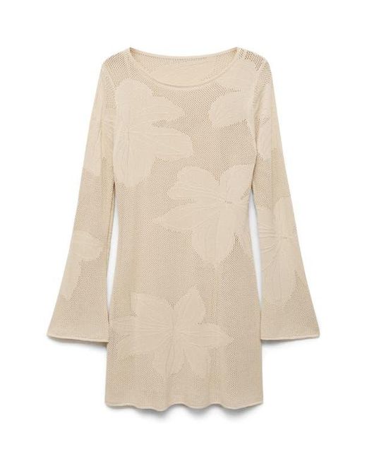 Mango Natural Embroidered Floral Long Sleeve Open Stitch Knit Minidress