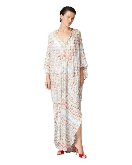 Missoni White Long Kaftan With 3D Zig Zag Lamé And Batwing Sleeves