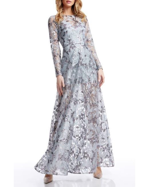 Dress the Population Gray Ava Sequin Floral Long Sleeve A-Line Gown