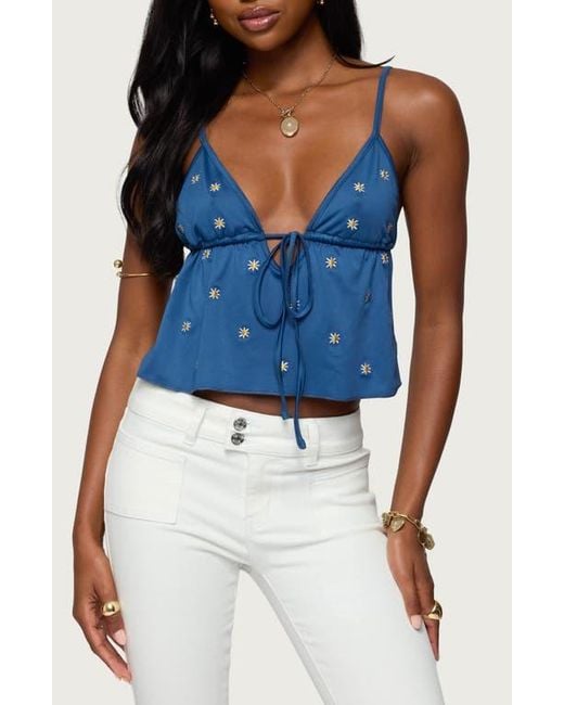 Edikted Blue Soleil Embroidered Daisy Open Back Camisole