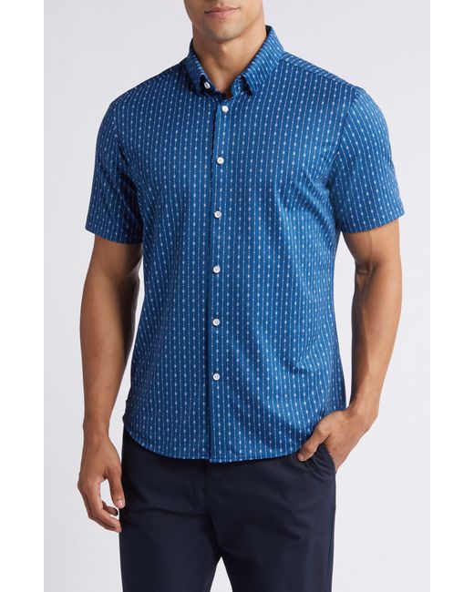 Mizzen+Main Blue Mizzen+main Halyard Trim Fit Print Short Sleeve Performance Knit Button-up Shirt for men