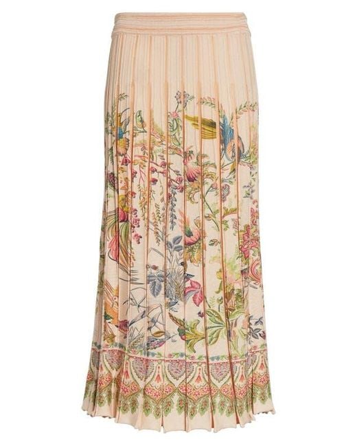 Etro Natural Pleated Floral Midi Sweater Skirt
