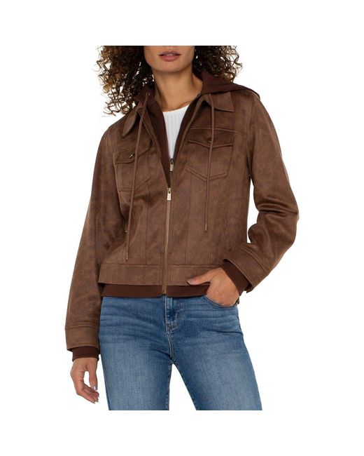 Liverpool Jeans Company Faux Suede Trucker Jacket With Removable Hooded Bib Inset in Brown Lyst