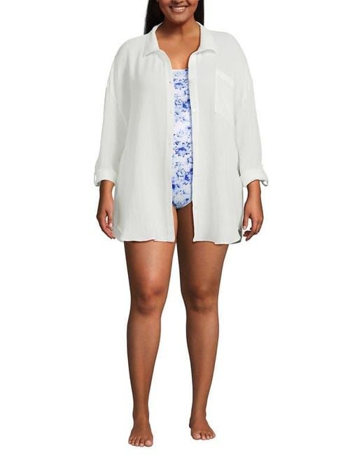 Lands' End White Oversized Gauze Button Front Cover-Up Shirt