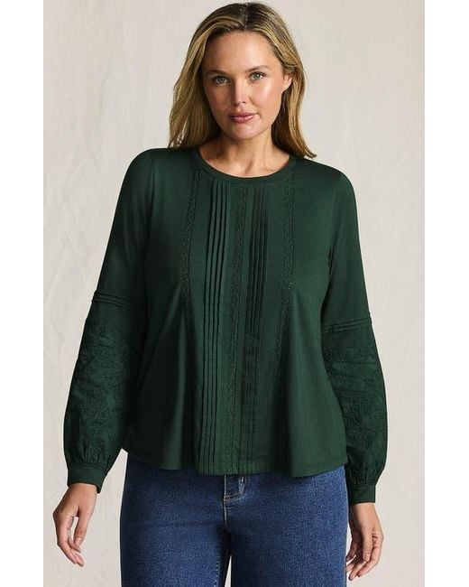 Lands' End Green Lightweight Jersey Lace Mix Long Sleeve Pintuck Top