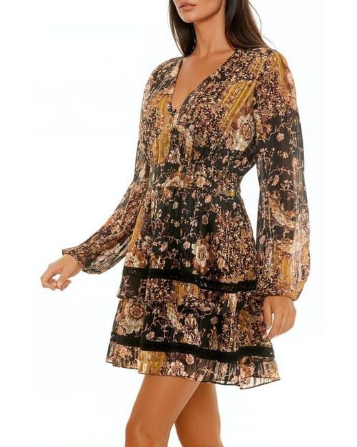 Socialite Brown Mixed Print Tiered Hem Long Sleeve Minidress