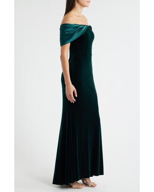 Eliza J Black Off The Shoulder Satin & Velvet Mermaid Gown
