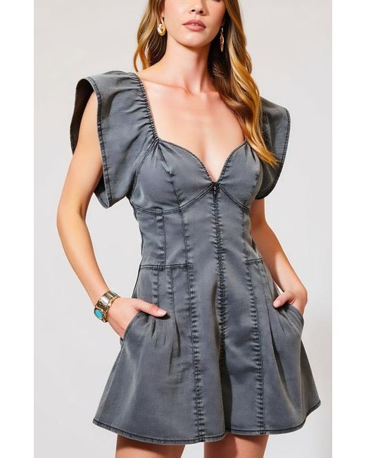 Modenaire Blue Structured Zip Front Romper With Flutter Sleeves And Pleated Detail