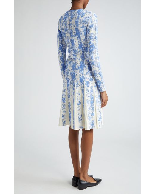 Lela Rose Blue Floral Stripe Pleated Long Sleeve Jacquard Dress