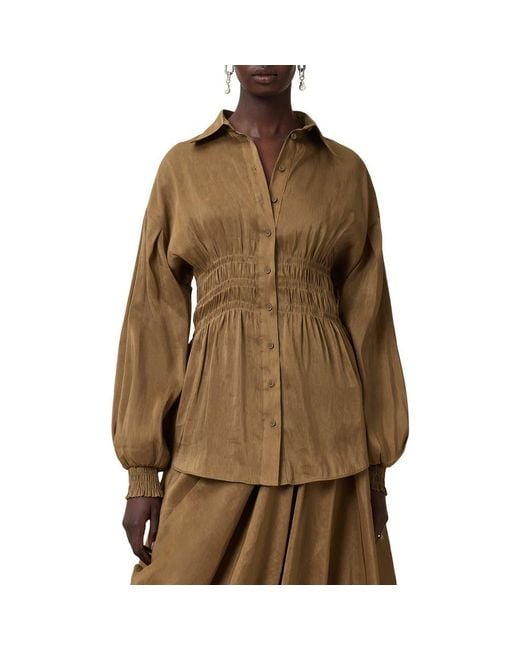 AllSaints Brown Staci Smock Waist Linen & Silk Button-Up Shirt