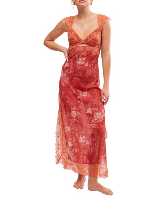 Free People Red Suddenly Fine Floral Print Cutout Lace Trim Nightgown