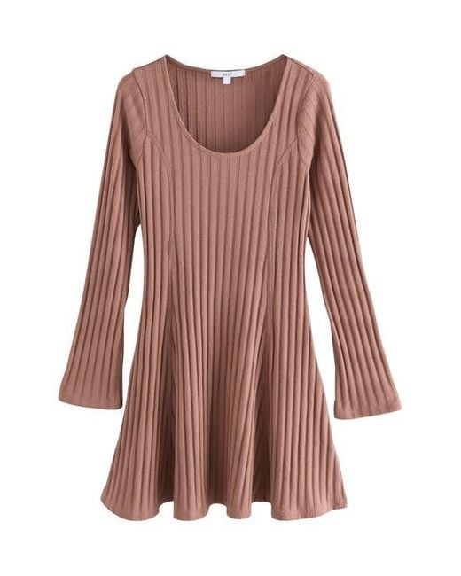 brown gingham dress uniqlo Ribbed Modal Long-Sleeve Laced Bra Mini Dress in Chocolate Brown - S