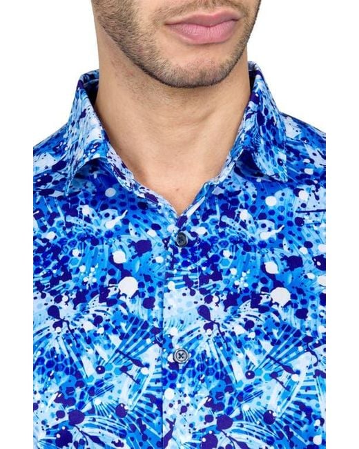 Con.struct Blue Regular Fit Palm Splatter Print Recycled Performance Golf Button-Down Shirt for men