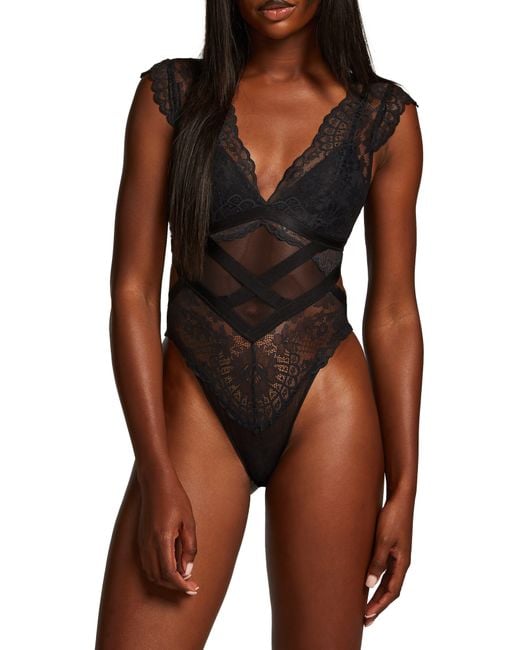 Hunkemoller Cora lace and mesh underwired thong bodysuit in black