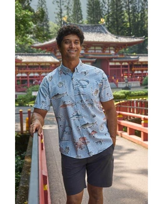 Reyn Spooner Blue Pacific Catch Short Sleeve Cotton Blend Button-Down Shirt for men