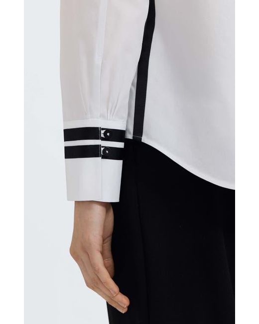 Foxcroft White Brooke Grosgrain Trim Cotton Button-Up Shirt