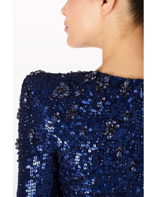 Jenny Packham Blue Georgia Sequined Long-Sleeve Gown