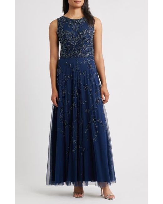 Pisarro Nights Women's Blue Beaded Mesh Gown With Jacket