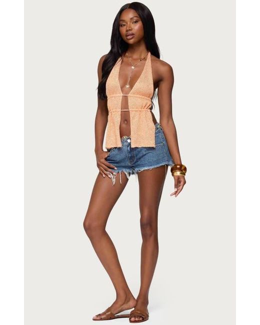 Edikted Blue Sequin Split Front Knit Halter Top