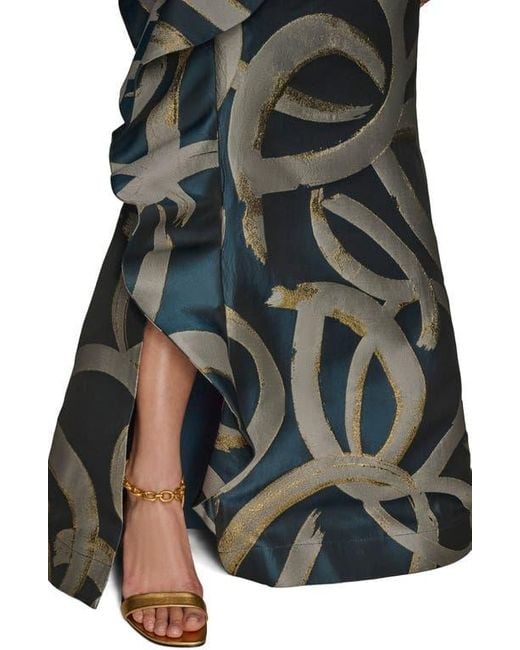 Donna Karan Green Ruffle Strapless Metallic Jacquard Trumpet Gown