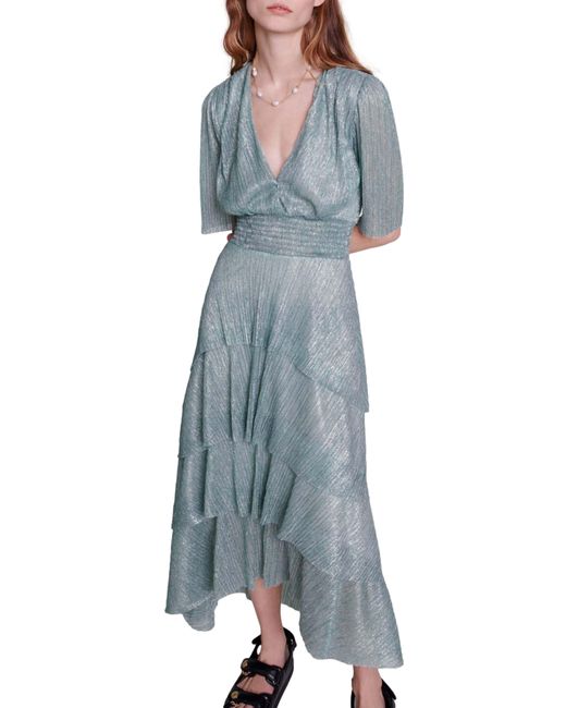 Maje Blue Metallic Tiered Ruffle High-low Dress