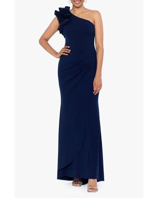 Xscape Evenings Blue Ruffle One-Shoulder Scuba Crepe Gown